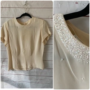 VTG Anne Klein II  Ivory 100% Silk Blouse Beaded Neckline Button Back Small - Picture 1 of 5