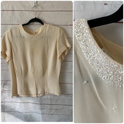 Blusa De Colección Anne Klein II Marfil 100% Seda Escote Cuentas Botón Espalda Pequeña Foto 1 de 4