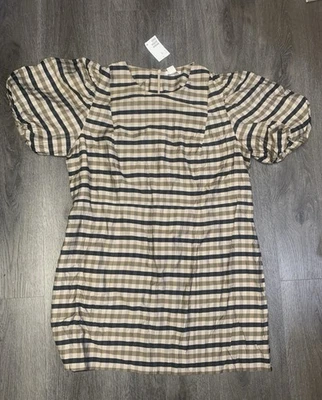 H&M Gingham Checkered Knee Beige Dress Puff Sleeve Zip Back Brunch Work Size XXL - Image 1 of 4