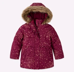 Nautica Girl Burgundy Foil Star Print Fur Trim Hooded Puffer Jacket Coat XL 16 - Picture 1 of 6