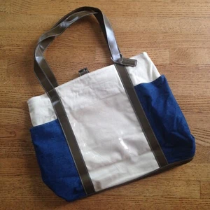 Longaberger Large Tote Bag Denim Canvas Faux Leather Trim Clear Pockets 18x6x15 - Picture 1 of 12