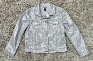 GAP Kids Denim Jacket Metallic Silver Shine Girls XXL 14/16 Shimmer Sparkle NEW - Picture 1 of 9