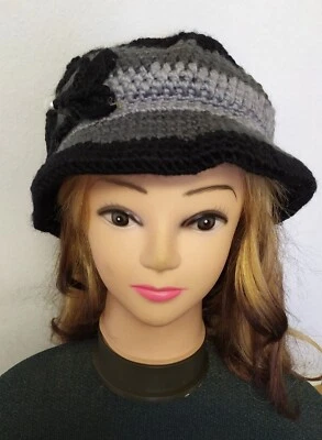 Women’s Girls Winter Warm Knit Cloche Hat With Crochet Flower Double Layer - Image 1 of 4