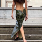 Women's Fashion Sexy Hollow Out Drawstring Slit Slim Fit PU Skirt