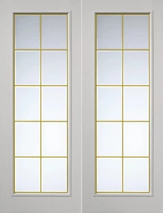 White Pre-Finished Glazed (Gold Bevelled Glass) French Double Door Gold Trim - Picture 1 of 2