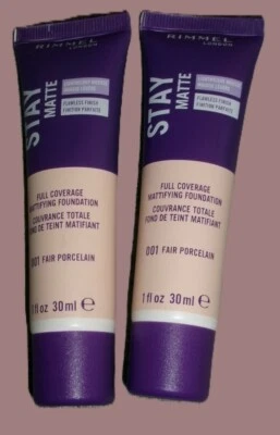 Rimmel London Stay Matte Full Coverage Foundation-001 Fair Porcelain X 2 NEW - Image 1 of 2