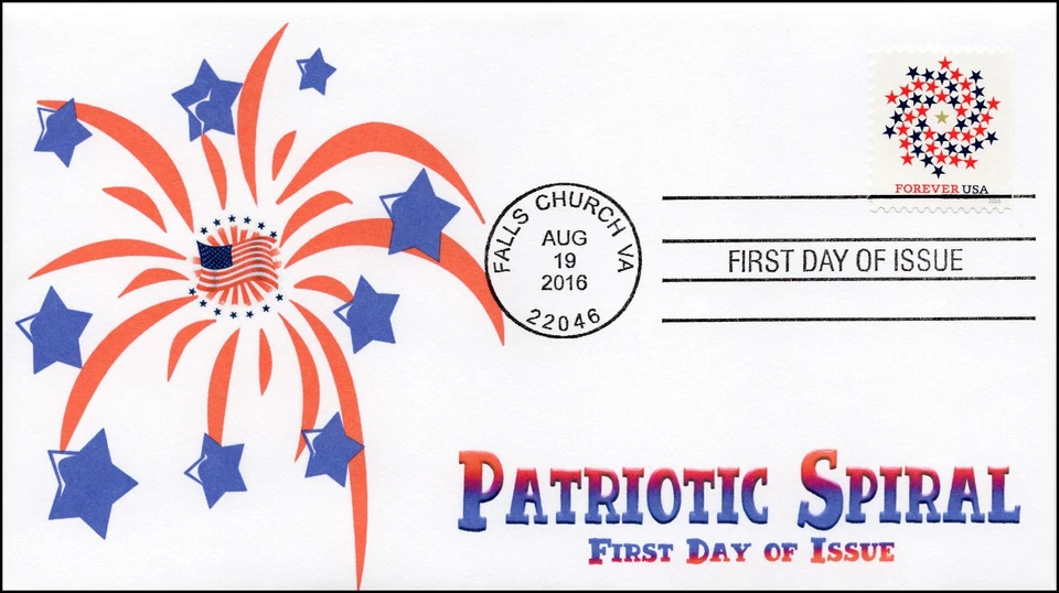 2016, Patriotic Spiral, FDC, B/W Postmark, Stars, Falls Church VA, 16-220 - Image 1 of 1