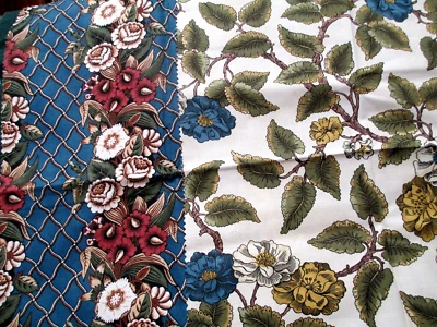 Fabric Red Rooster "Latticework Blue" 2 Pc Vertical Flowers Blue Gold $1.55 - Image 1 of 4