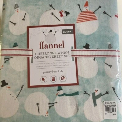 Pottery Barn Kids  CHEERY SNOWMEN COTTON FLANNEL QUEEN SHEETS CHRISTMAS Winter - Image 1 of 4