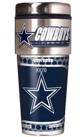 Dallas Cowboys Coffee Mug Travel Tumbler Cup NFL Metallic Logo w/ Emblem Cover