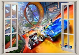 Hot Wheels Toys Cars Kids Boys 3d Smashed Wall View Sticker Poster Mural Z762 - Picture 1 of 1