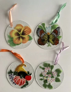 Fused Art Glass Signed 4 Ornaments Sun Catchers Pansy Butterfly Flowers Autumn - Picture 1 of 12