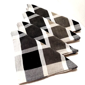 Lot 4 DII For The Home Cotton Dinner Napkins 19" Square Black Gray Taupe Plaid - Picture 1 of 6
