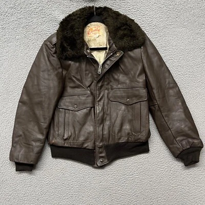 Vtg Excelled Leather Jacket Mens 40 Brown Bomber Faux Fur Collar Aviator Pilot - Image 1 of 4