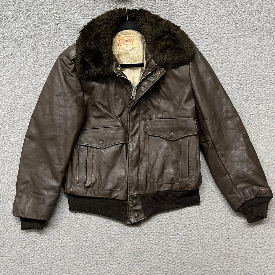 Vtg Excelled Leather Jacket Mens 40 Brown Bomber Faux Fur Collar Aviator Pilot - Image 1 of 4
