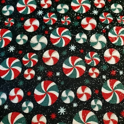 Peppermint Candy Christmas Fabric 100% Cotton FQ HY BTY By the Yard Black - Image 1 of 3