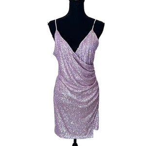 Pink Sequin Mini Slip Dress LARGE Cocktail Bodycon Backless Ruched Style Rack - Picture 1 of 4