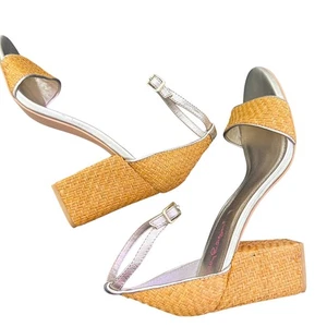 Lilly Pulitzer Amber Lynn Chunky Heel Sandals Size 9.5 Straw Ankle Strap Woven - Picture 1 of 11