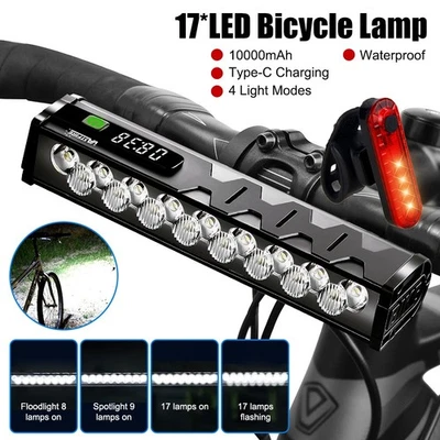 17 LED 10000mAh Bike Light Set Super Bright Headlamp Rear Safety Flash Taillight - Image 1 of 4