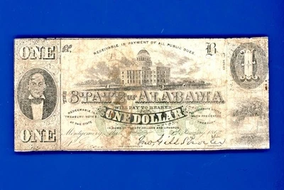 1863 $1 The State of Alabama  Montgomery RARE CIVIL WAR  NOTE - Image 1 of 2