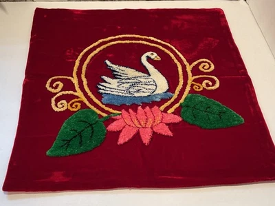 Vtg Antique Needle Punch Pillow Cover Red  Velvet Swan Water Lily Flower - Image 1 of 4
