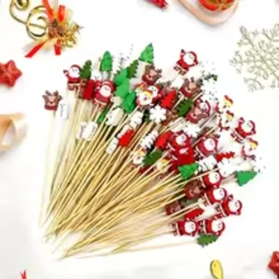 50/100 piezas brochetas de frutas de Navidad árbol de copo de nieve de Papá Noel selecciones de bambú Foto 1 de 4