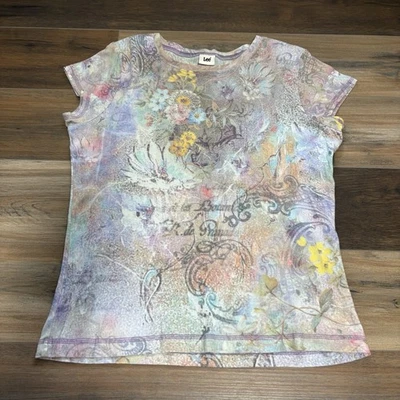 复古 Y2K Lee 帽子袖女式 Fairycore Cottagecore 水钻花卉上衣,尺寸 L — 第 1/4 张图片