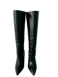 NWB Stuart Weitzman 'PARTON' Crocc Embossed Tall Leather Boot 6.5M Black