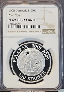 2008 DENMARK SILVER 100 KRONER POLAR YEAR NGC PF 69 ULTRA CAMEO SCARCE COIN - Picture 1 of 3
