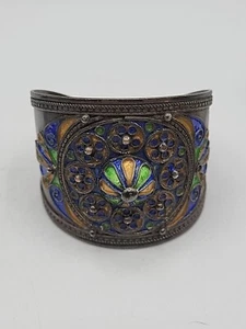 Russian cuff enameled Vintage Antique 19th C Bracelet Blue Green Yellow Silver - Picture 1 of 10