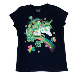 Place Girls T-shirt Sz Small 7/8 Black St Patricks Day Sparkle Unicorn Shamrocks - Picture 1 of 9