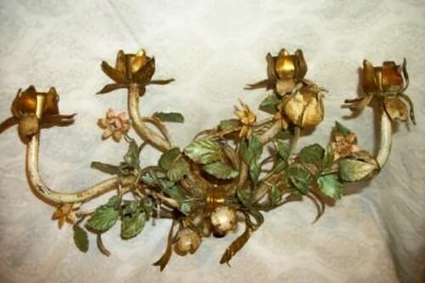 ITALIAN TOLE FLORAL GILT PASTEL WALL CANDLE SCONCE 4 LIGHT CHIPPY ORIGINAL 1930s Cover