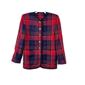 VINTAGE LIZ CLAIBORNE womens sz 4 red blue tartan wool plaid gold button blazer - Picture 1 of 7