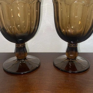 Vtg Noritake Provincial Paneled Brown 5.5 inch tall Glass Water Goblet Set of 2 - Picture 1 of 3