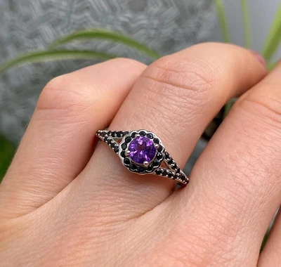 Anillo Amatista y Espinela Negra Piedras Preciosas Naturales, Plata 925, Chapado en Oro, 8US Foto 1 de 4