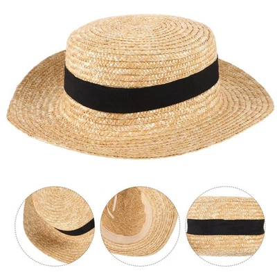  Flat Top Brim Hat Straw Wide Hats for Women Woman Sun Ladies Visor - Image 1 of 4