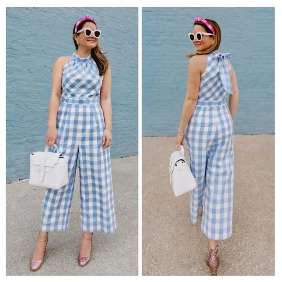 Macacão J Crew gola alta Gingham amarrar costas azul branco perna larga tamanho 2 L2578 - Imagem 1 de 4