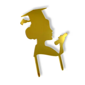 Acrylic Cake Topper Happy Graduation Congrats Graduate Girl Hat Gold Decoration  - Foto 1 di 2