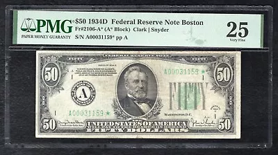 FR. 2106-A* 1934-D $50 *STAR* FRN FEDERAL RESERVE NOTE BOSTON, MA PMG VF-25 - Image 1 of 2