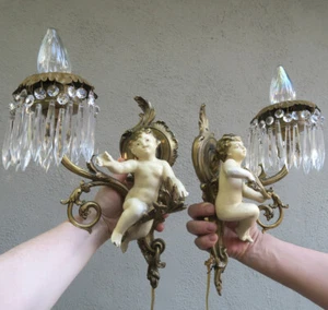 Paar Shabby Cherub Spelter Messing Wandlampen Französische Kristall Lampe Vintage Antik - Bild 1 von 12