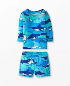 Hanna Andersson 0-3 Months- Sun Protection Swim Suit Rash Guard Sharks Two Piece - Picture 1 of 3