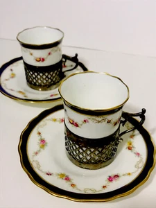 Set of 2 Sterling Silver Holders Coalport AD-1750 Demitasse Cup & Saucers - Picture 1 of 13
