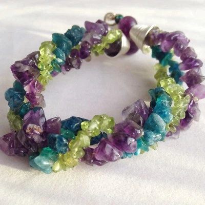 Handmade Genuine Amethyst & Peridot & Neon Apatite Gemstone Chips Swirl Bracelet - Image 1 of 4