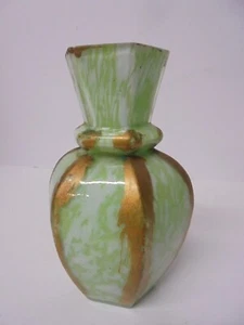 Vintage Hexagon Light Jade Like Green & Gold Glass Vase Mid Century Retro 4.5" - Picture 1 of 5