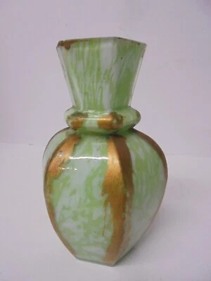 Vintage Hexagon Light Jade Like Green & Gold Glass Vase Mid Century Retro 4.5" - Image 1 of 4