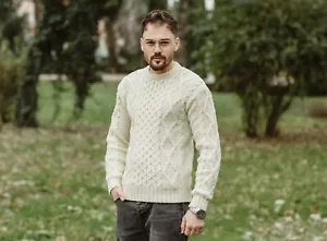 Men's Wool Sweater Cable Knit Fisherman Pullover - 100% Virgin Wool - Picture 1 of 15