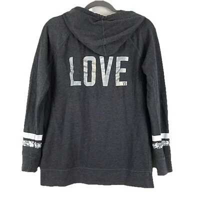 VICTORIA SECRET Love Fleece Hoodie Sequins Stripe on sleeves Grey Logo Sz SMALL - Image 1 of 4