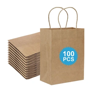 100 Bags 8 x 4.25 x 10.5 Inch kraft Paper Gift Bags with Handles Bulk Shopping - Picture 1 of 6
