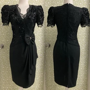 Vintage Leslie Fay Size 2 Black Lace Embroidered Bow Floral Evening Dress #352 - Picture 1 of 8