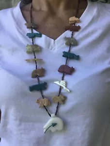 Vintage 32” Sterling ZUNI Indian TURQUOISE BEAR Fetish Heishi Bead Necklace - Picture 1 of 12
